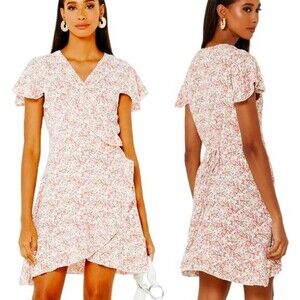 Ella by Namshi Pink Ditsy Florals Frilled Self Tie Straps Wrap Dress